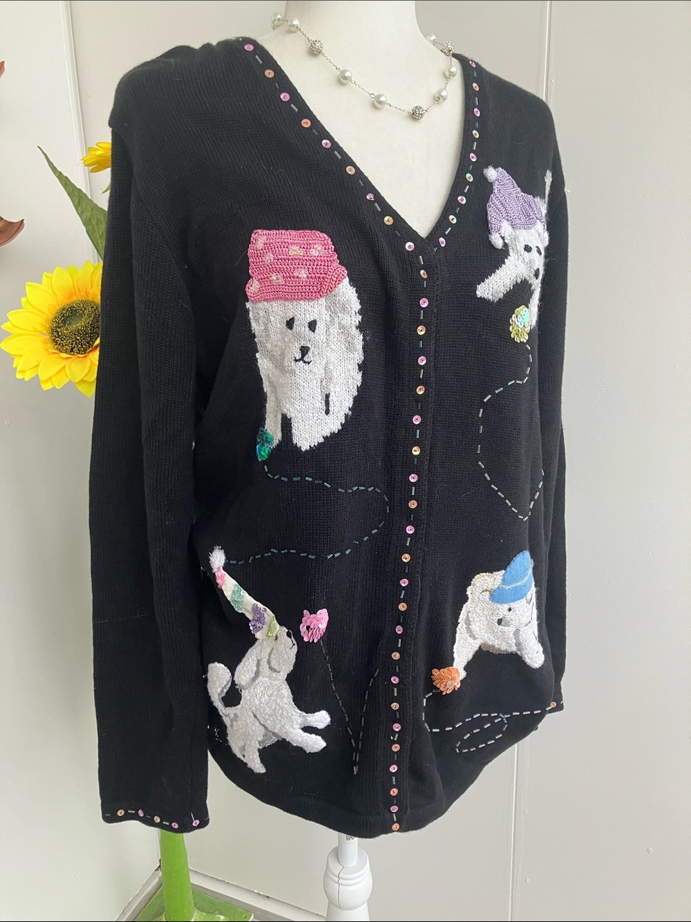 Vintage 90s Y2K Button Up Novelty Bichon Frise Puppy Dogs Black Cardigan AS IS